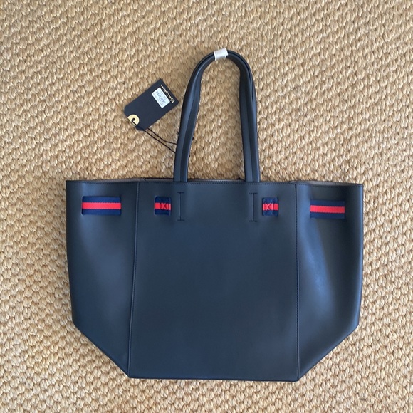 NWT Moda Luxe Black Dutchess Tote Bag - black with red and navy striped ribbon - Picture 2 of 7